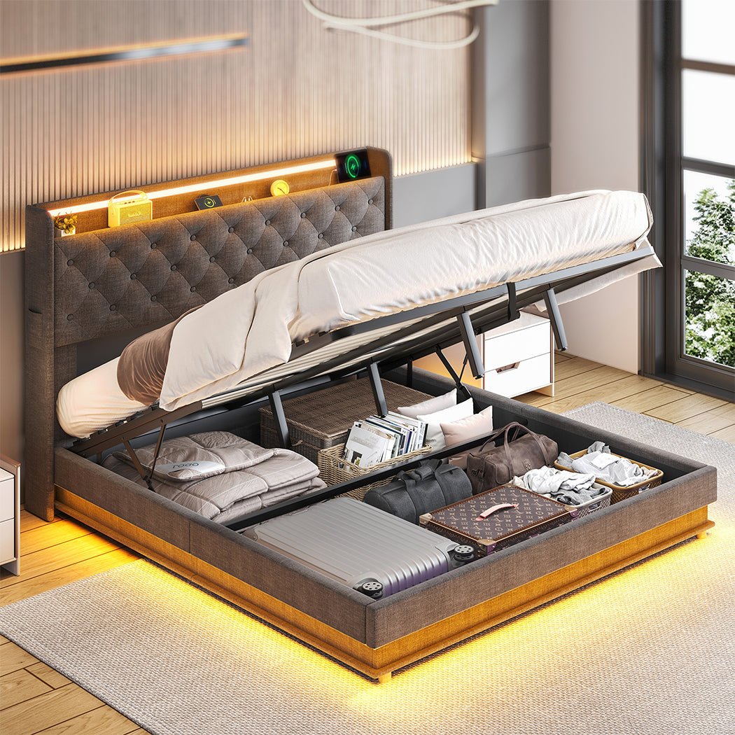 Mitchell King LED Gas Lift Storage Bed – Grey - Rivercity House & Home Co. (ABN 18 642 972 209) - Affordable Modern Furniture Australia