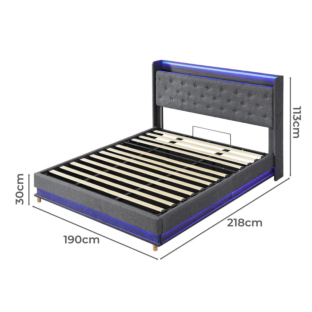 Mitchell King LED Gas Lift Storage Bed – Grey - Rivercity House & Home Co. (ABN 18 642 972 209) - Affordable Modern Furniture Australia