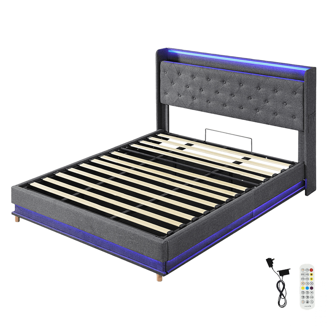 Mitchell King LED Gas Lift Storage Bed – Grey - Rivercity House & Home Co. (ABN 18 642 972 209) - Affordable Modern Furniture Australia