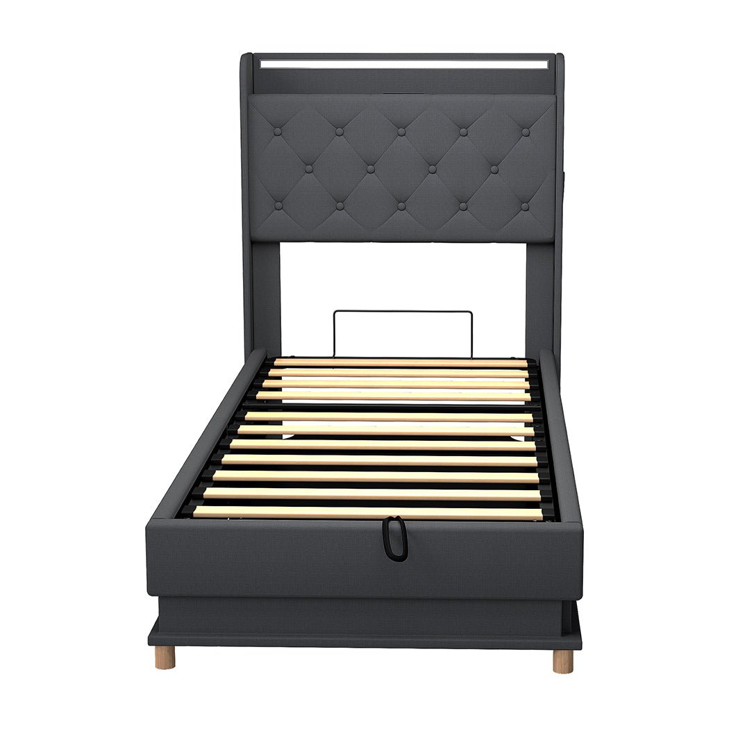 Mitchell Single LED Gas Lift Storage Bed – Grey - Rivercity House & Home Co. (ABN 18 642 972 209) - Affordable Modern Furniture Australia