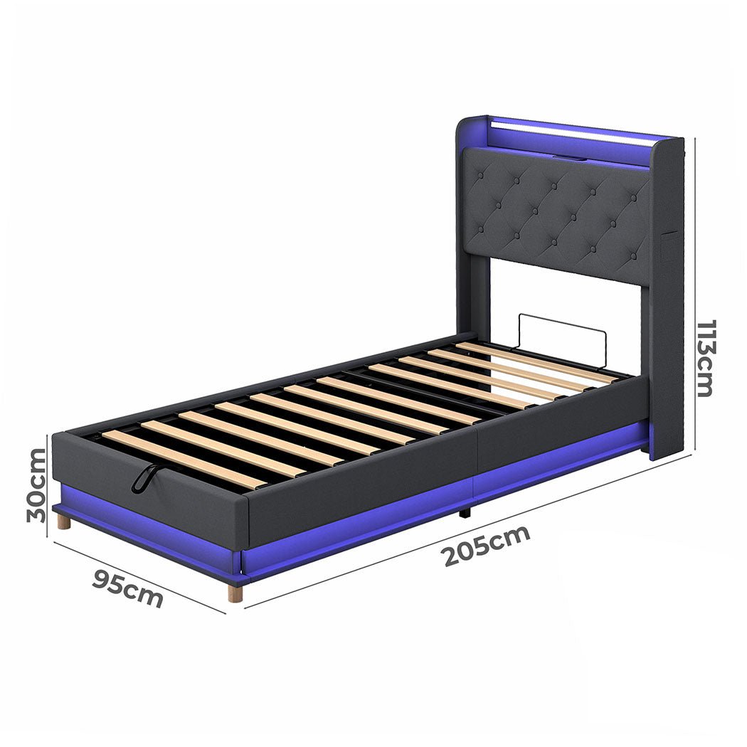 Mitchell Single LED Gas Lift Storage Bed – Grey - Rivercity House & Home Co. (ABN 18 642 972 209) - Affordable Modern Furniture Australia