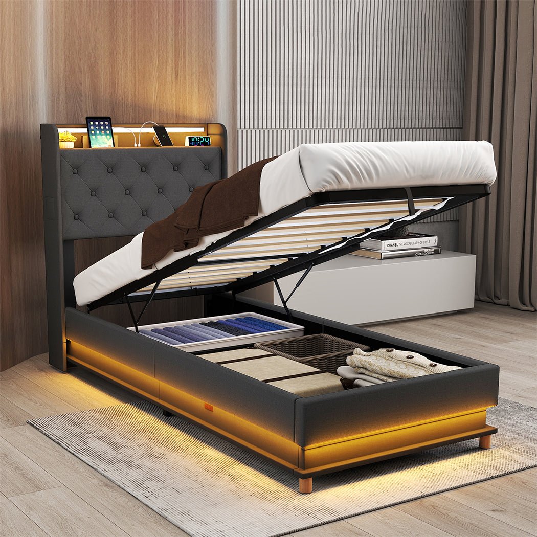 Mitchell Single LED Gas Lift Storage Bed – Grey - Rivercity House & Home Co. (ABN 18 642 972 209) - Affordable Modern Furniture Australia