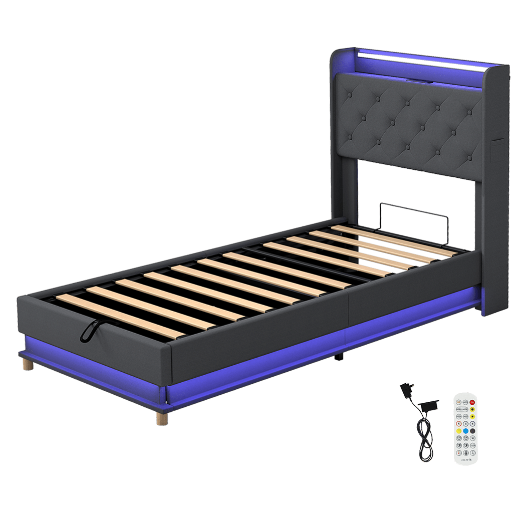 Mitchell Single LED Gas Lift Storage Bed – Grey - Rivercity House & Home Co. (ABN 18 642 972 209) - Affordable Modern Furniture Australia