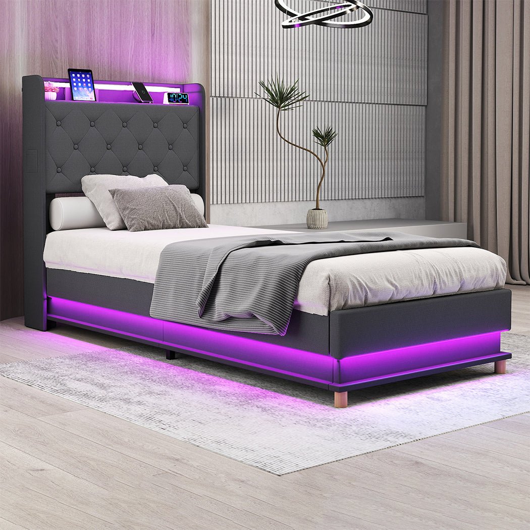 Mitchell Single LED Gas Lift Storage Bed – Grey - Rivercity House & Home Co. (ABN 18 642 972 209) - Affordable Modern Furniture Australia
