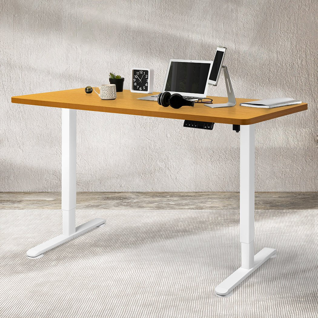 Motorised Adjustable Standing Desk 140cm with Natural Top - White Frame - Rivercity House & Home Co. (ABN 18 642 972 209) - Affordable Modern Furniture Australia