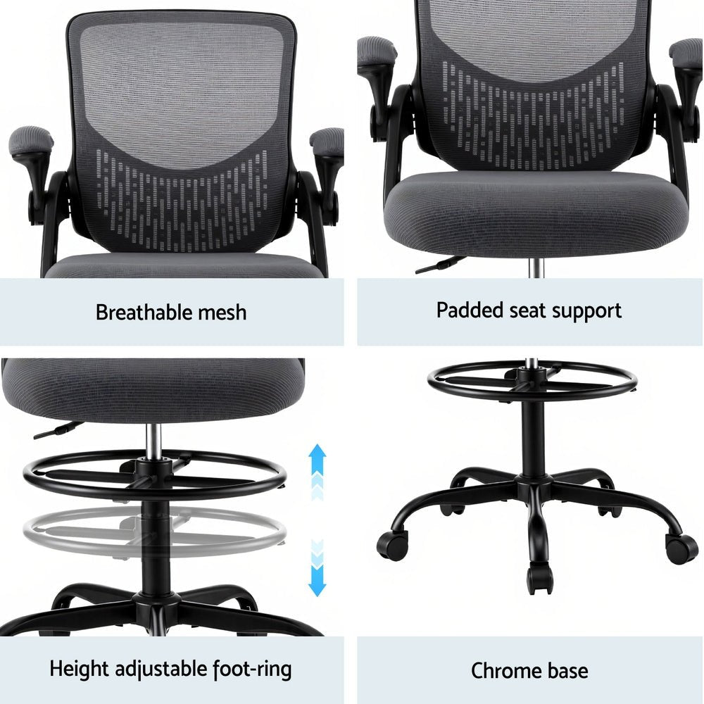 Office Chair Drafting Chairs Stool Computer Desk Studios Mesh Grey - Furniture > Office > Office & Desk Chairs - Rivercity House & Home Co. (ABN 18 642 972 209) - Affordable Modern Furniture Australia