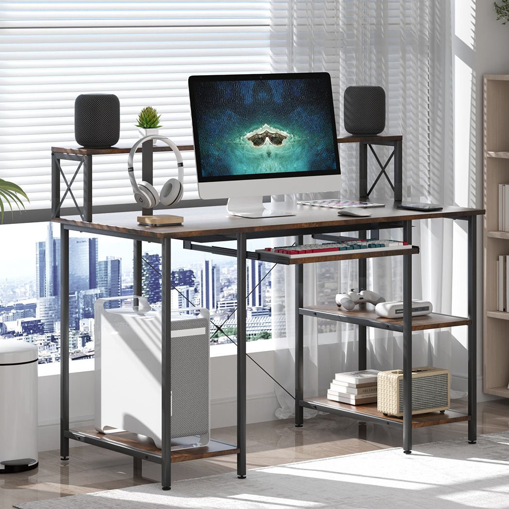 Office Gaming Computer Desk with Monitor Stand and Storage - Brown - Rivercity House & Home Co. (ABN 18 642 972 209) - Affordable Modern Furniture Australia