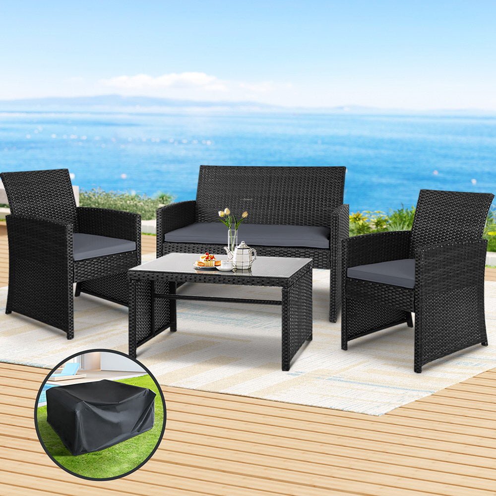 Outdoor Wicker Lounge Setting Black - With Storage Cover - Rivercity House & Home Co. (ABN 18 642 972 209) - Affordable Modern Furniture Australia