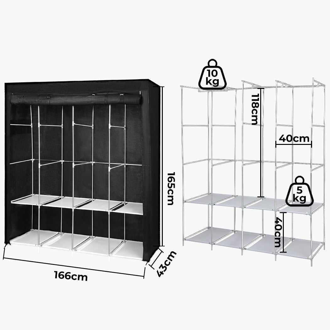 Portable 166CM Closet Wardrobe Organizer with 4 Side Pockets - Black & Silver - Rivercity House & Home Co. (ABN 18 642 972 209) - Affordable Modern Furniture Australia