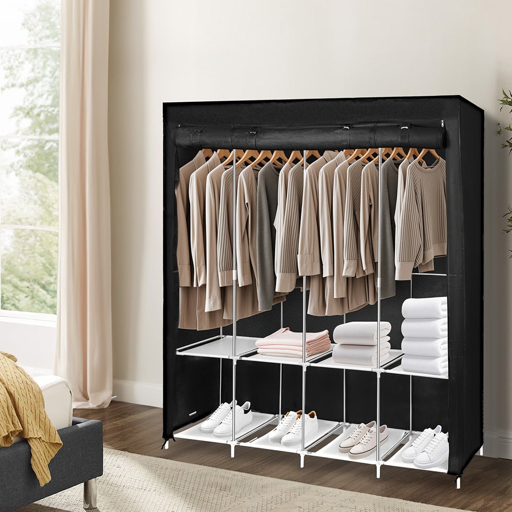 Portable 166CM Closet Wardrobe Organizer with 4 Side Pockets - Black & Silver - Rivercity House & Home Co. (ABN 18 642 972 209) - Affordable Modern Furniture Australia