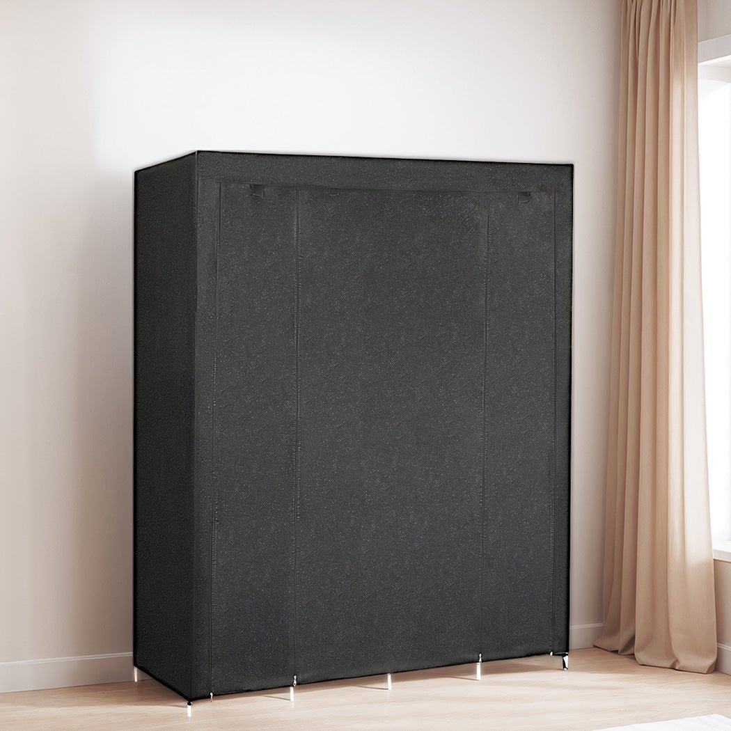 Portable 166CM Closet Wardrobe Organizer with 4 Side Pockets - Black & Silver - Rivercity House & Home Co. (ABN 18 642 972 209) - Affordable Modern Furniture Australia