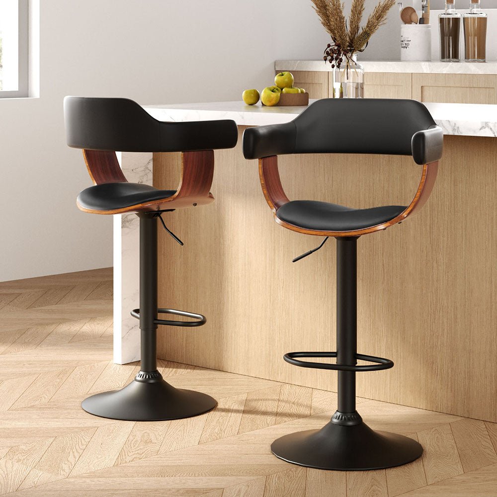 Set of 2 Archer Wooden Bar Stools with Gas Lift Wood & Black Leather - Furniture > Bar Stools & Chairs - Rivercity House & Home Co. (ABN 18 642 972 209) - Affordable Modern Furniture Australia
