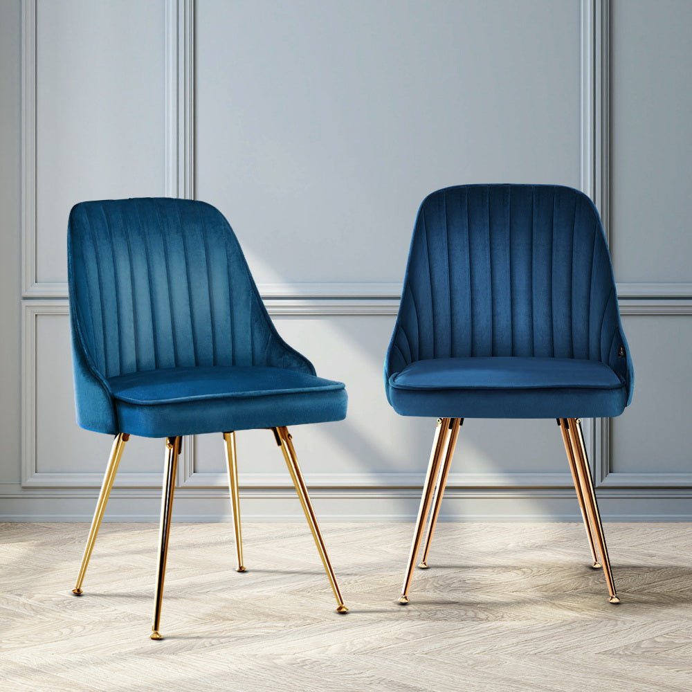 Set of 2 Dining Chairs Retro Chair Cafe Kitchen Modern Metal Legs Velvet Blue - Rivercity House & Home Co. (ABN 18 642 972 209) - Affordable Modern Furniture Australia