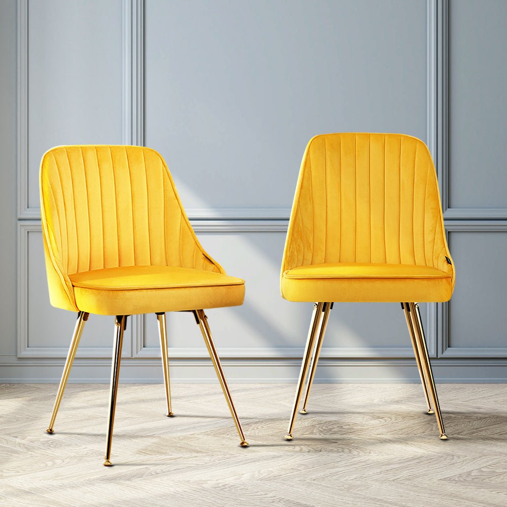 Set of 2 Dining Chairs Retro Chair Cafe Kitchen Modern Metal Legs Velvet Yellow - Rivercity House & Home Co. (ABN 18 642 972 209) - Affordable Modern Furniture Australia