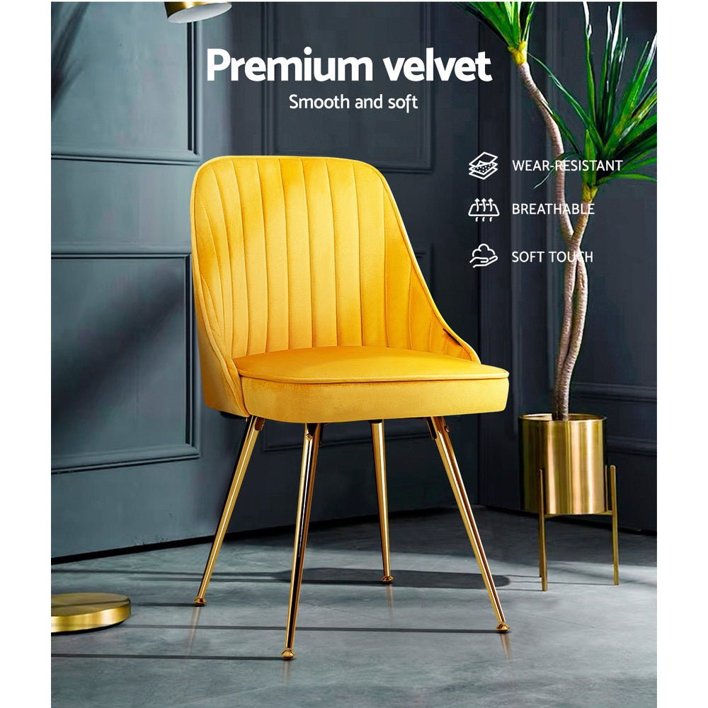 Set of 2 Dining Chairs Retro Chair Cafe Kitchen Modern Metal Legs Velvet Yellow - Rivercity House & Home Co. (ABN 18 642 972 209) - Affordable Modern Furniture Australia