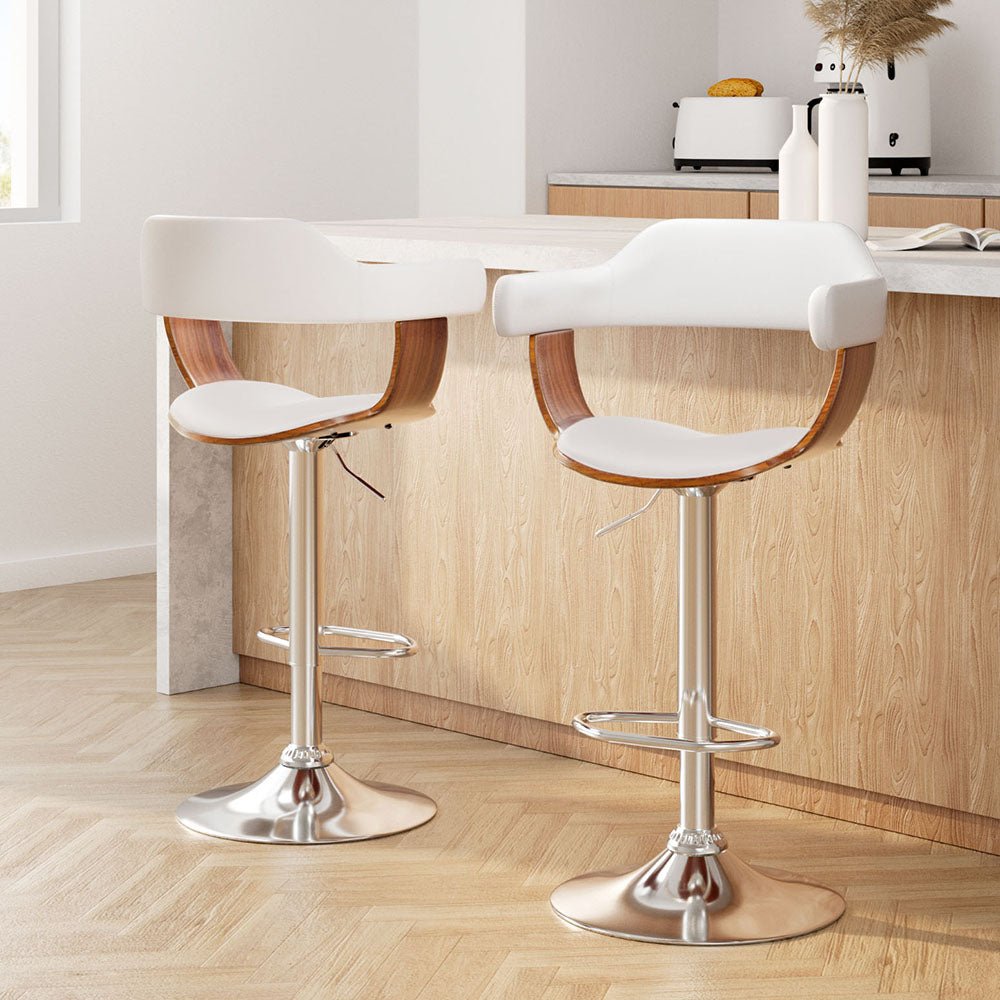 Set of 2 Wooden PU Leather Bar Stool - White and Chrome - Rivercity House & Home Co. (ABN 18 642 972 209) - Affordable Modern Furniture Australia