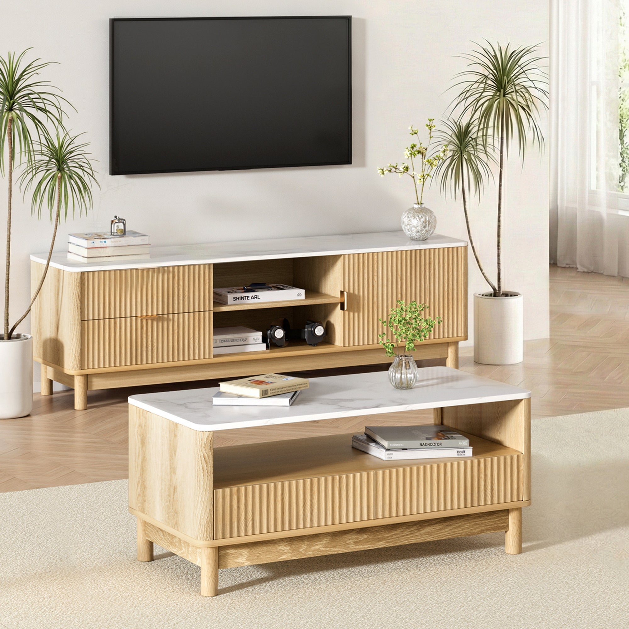 TV Unit & Coffee Table Set Storage Drawers Pine - Furniture > Bedroom > Beds & Bed Frames - Rivercity House & Home Co. (ABN 18 642 972 209) - Affordable Modern Furniture Australia
