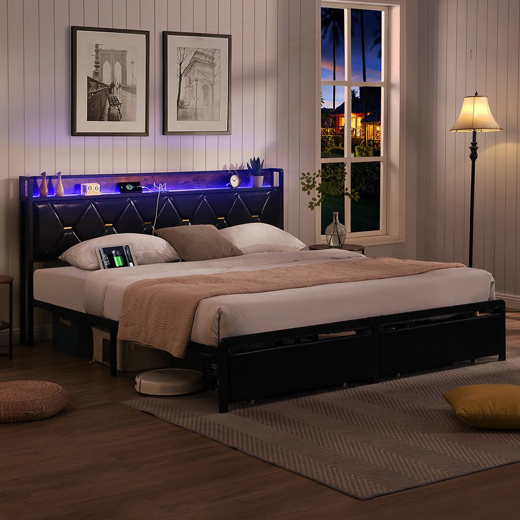 Waverton Double Storage Bed with LED Headboard – Black - Rivercity House & Home Co. (ABN 18 642 972 209) - Affordable Modern Furniture Australia