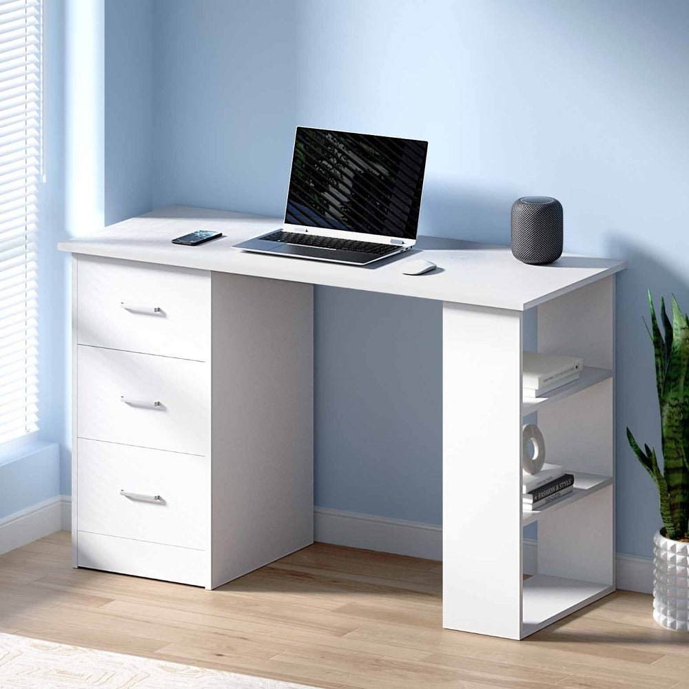 White Computer Desk With 3 Drawers & Shelves 120cm - Furniture - Rivercity House & Home Co. (ABN 18 642 972 209) - Affordable Modern Furniture Australia