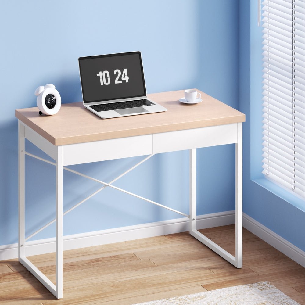 White & Oak Metal Computer Desk with Drawers - Furniture - Rivercity House & Home Co. (ABN 18 642 972 209) - Affordable Modern Furniture Australia