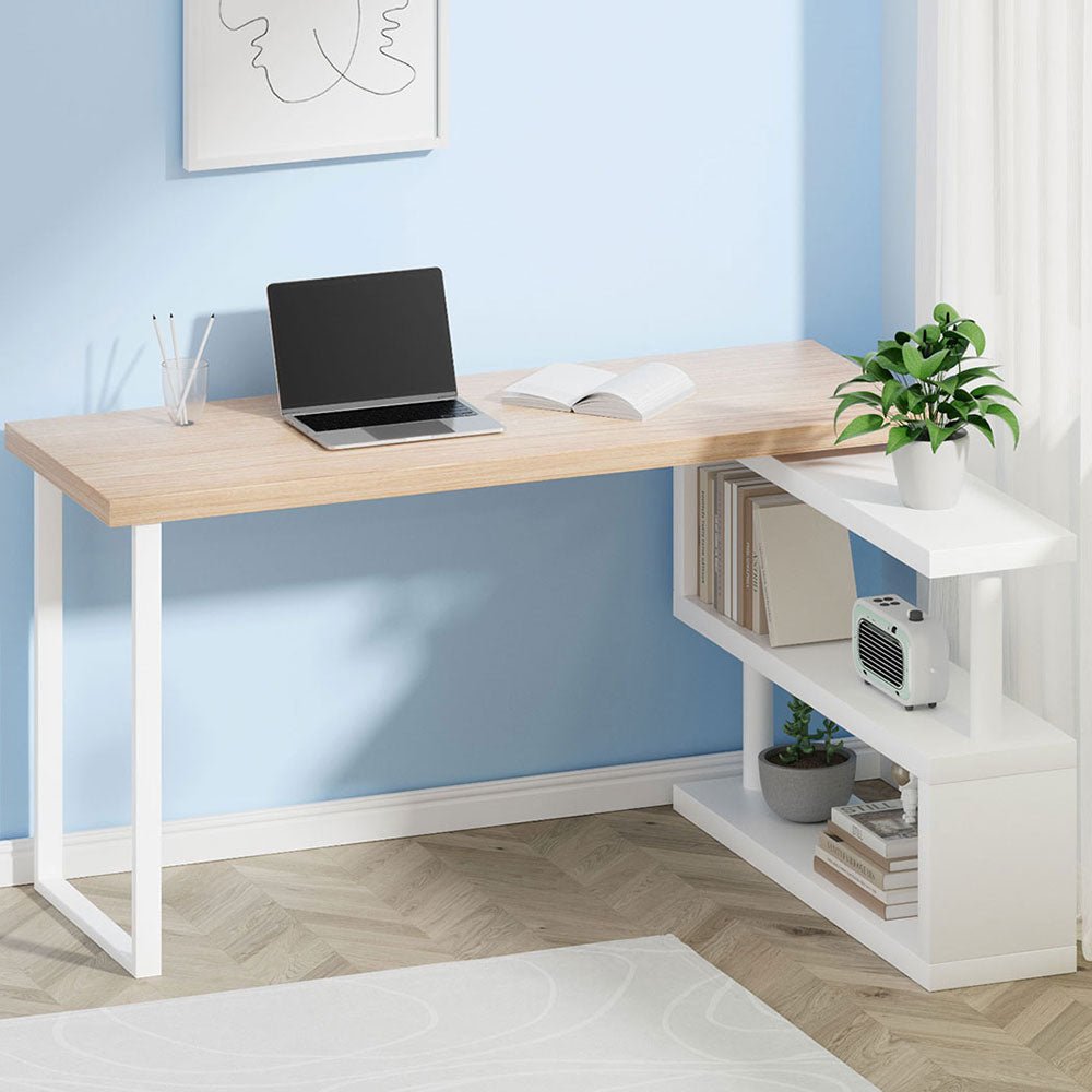 White Oak Rotary Corner Desk with Bookshelf - Furniture - Rivercity House & Home Co. (ABN 18 642 972 209) - Affordable Modern Furniture Australia