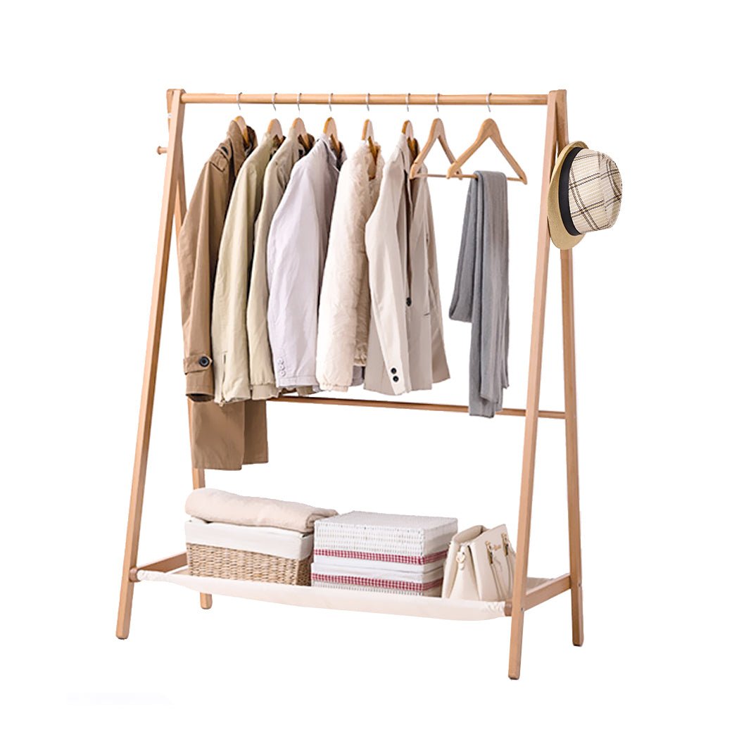 Wooden Clothes Rack Wardrobe with Shoe Rack and Hooks - Natural - Rivercity House & Home Co. (ABN 18 642 972 209) - Affordable Modern Furniture Australia