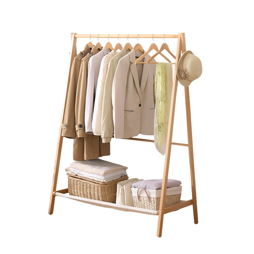 Wooden Clothes Rack Wardrobe with Shoe Rack and Hooks - Natural - Rivercity House & Home Co. (ABN 18 642 972 209) - Affordable Modern Furniture Australia