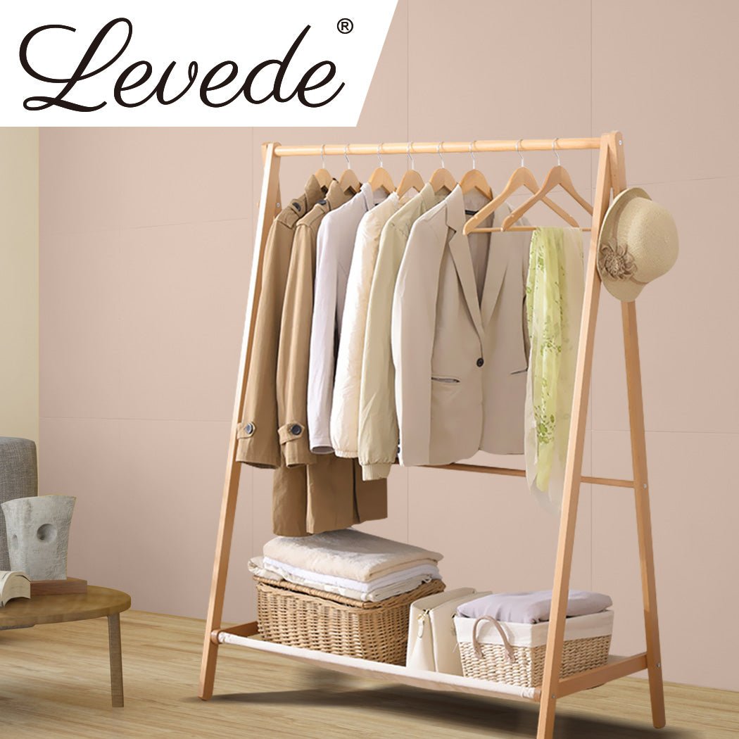 Wooden Clothes Rack Wardrobe with Shoe Rack and Hooks - Natural - Rivercity House & Home Co. (ABN 18 642 972 209) - Affordable Modern Furniture Australia