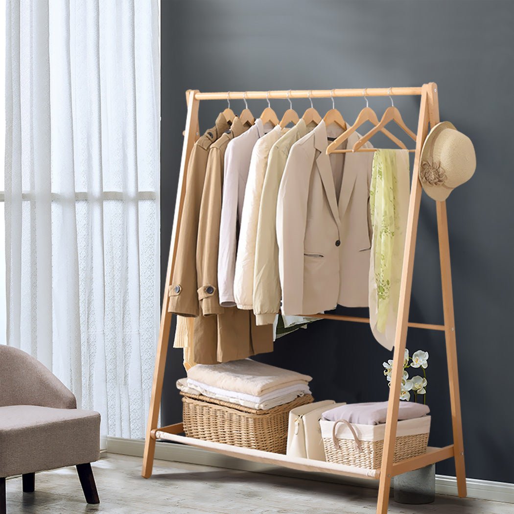 Wooden Clothes Rack Wardrobe with Shoe Rack and Hooks - Natural - Rivercity House & Home Co. (ABN 18 642 972 209) - Affordable Modern Furniture Australia