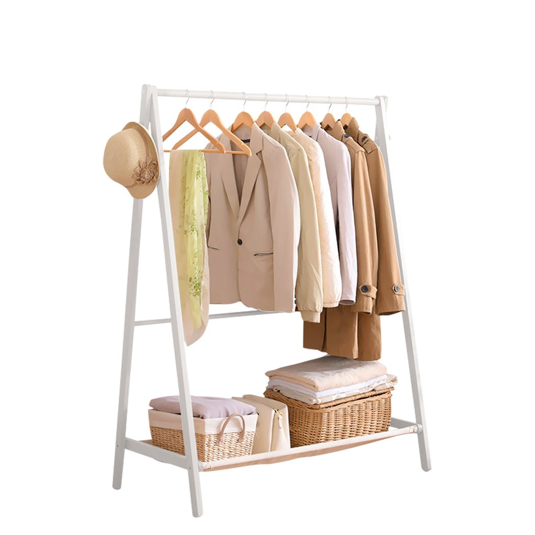 Wooden Clothes Rack Wardrobe with Shoe Rack and Hooks - White - Rivercity House & Home Co. (ABN 18 642 972 209) - Affordable Modern Furniture Australia