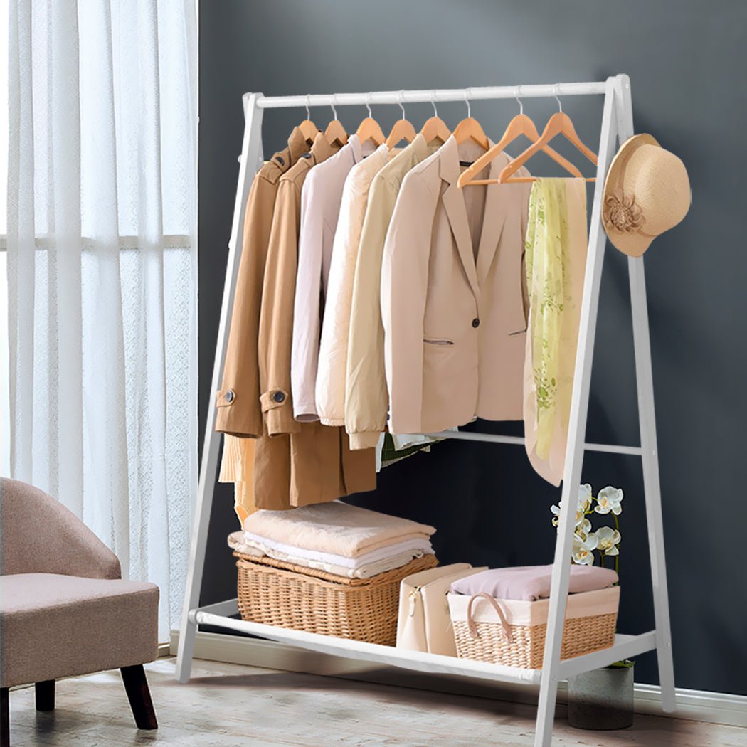 Wooden Clothes Rack Wardrobe with Shoe Rack and Hooks - White - Rivercity House & Home Co. (ABN 18 642 972 209) - Affordable Modern Furniture Australia