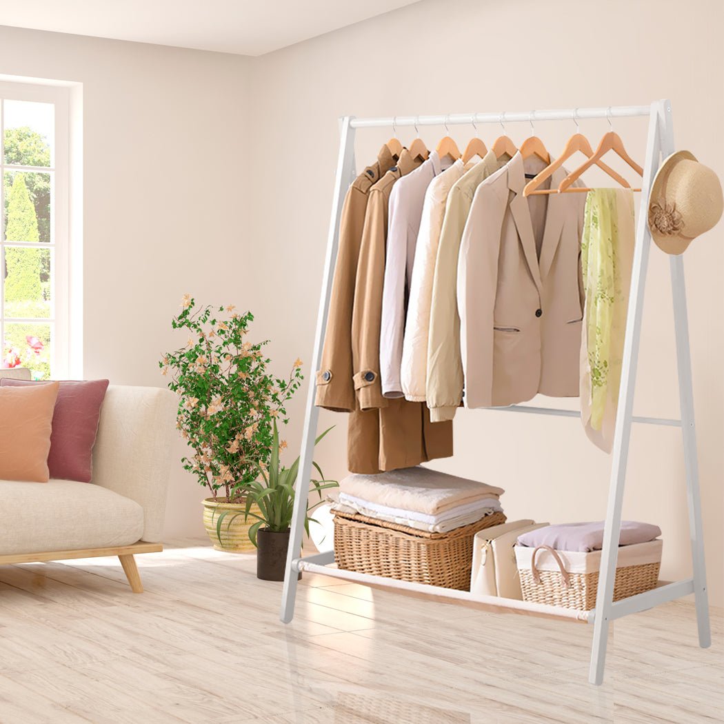 Wooden Clothes Rack Wardrobe with Shoe Rack and Hooks - White - Rivercity House & Home Co. (ABN 18 642 972 209) - Affordable Modern Furniture Australia