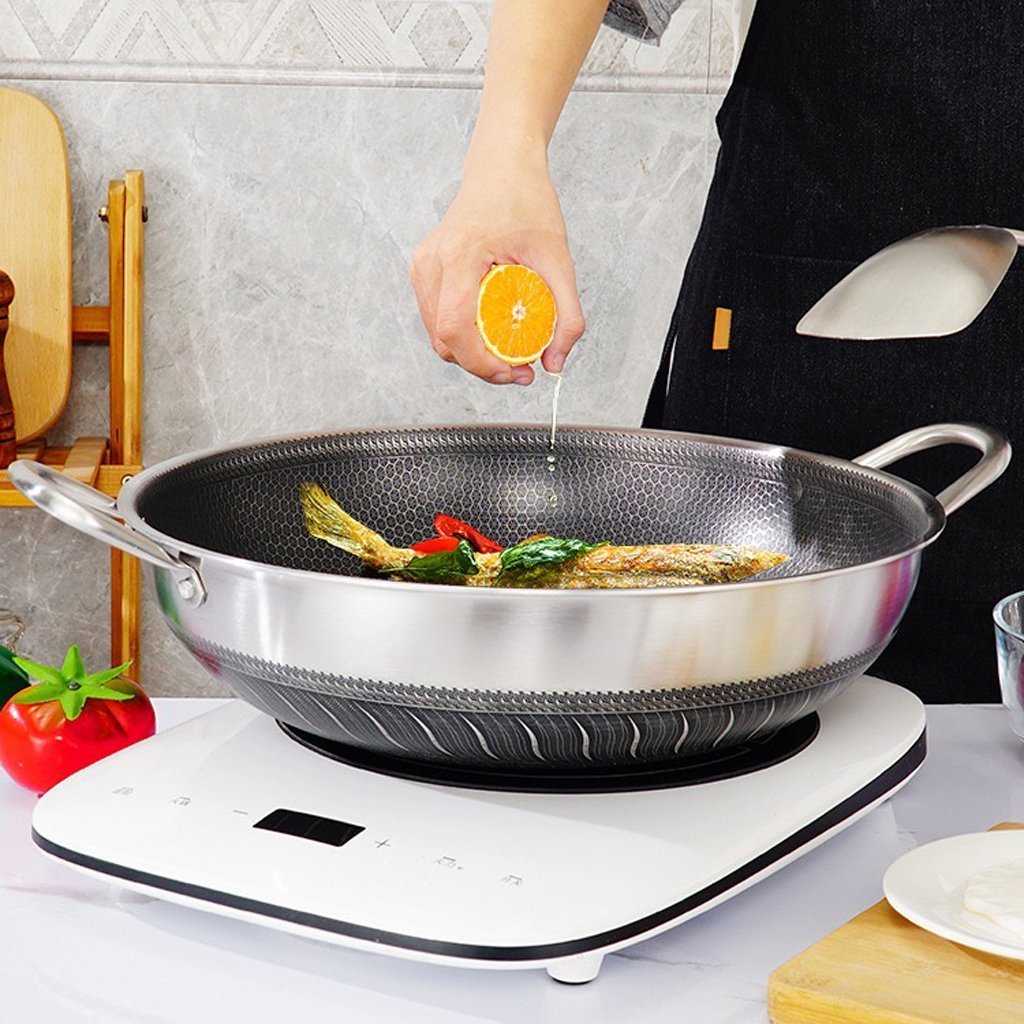 40cm Double Ear 316 Stainless Steel Non-Stick Stir Fry Cooking Kitchen Wok Pan with Lid Honeycomb Double Sided - Home & Garden > Kitchenware - Rivercity House & Home Co. (ABN 18 642 972 209) - Affordable Modern Furniture Australia