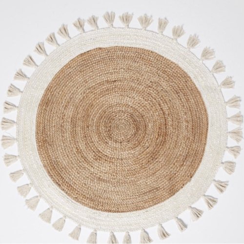 Bohemian Cream & Natural Braided Jute Cotton Round Rug with Tassel 120 x 120 cm - Home & Garden > Rugs - Rivercity House & Home Co. (ABN 18 642 972 209) - Affordable Modern Furniture Australia