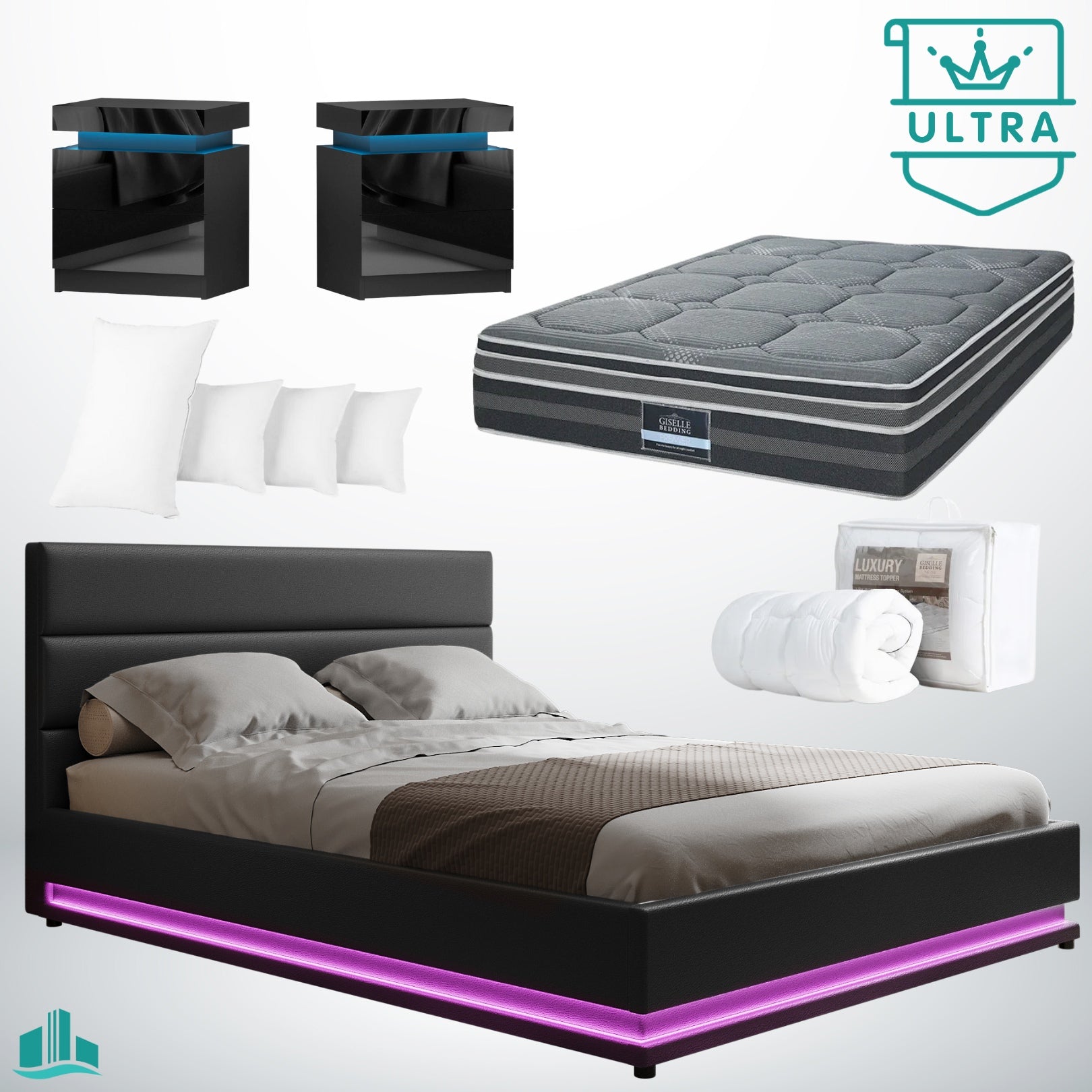 King Ultra Package | Henley LED Bed Black, 2 x LED Bedside Tables, Platinum Series Dual Euro Top Mattress, Pillowtop Mattress Topper & 4 x Pillows - Rivercity House & Home Co. (ABN 18 642 972 209) - Affordable Modern Furniture Australia