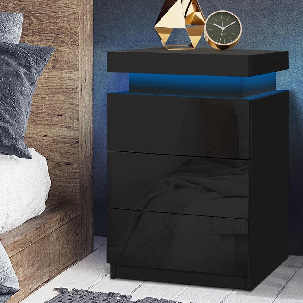LED Bedside Table Side Table High Gloss Black - Rivercity House & Home Co. (ABN 18 642 972 209) - Affordable Modern Furniture Australia