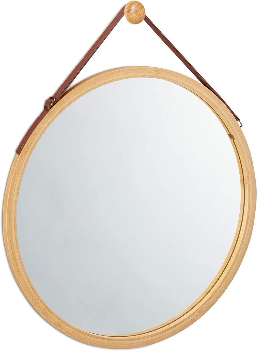 Round Wall Mirror 45 cm - Solid Bamboo Frame and Adjustable Leather Strap - Rivercity House & Home Co. (ABN 18 642 972 209) - Affordable Modern Furniture Australia
