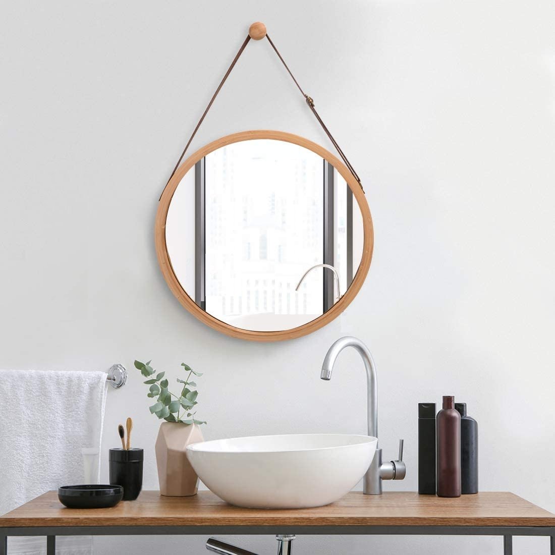 Round Wall Mirror 45 cm - Solid Bamboo Frame and Adjustable Leather Strap - Rivercity House & Home Co. (ABN 18 642 972 209) - Affordable Modern Furniture Australia
