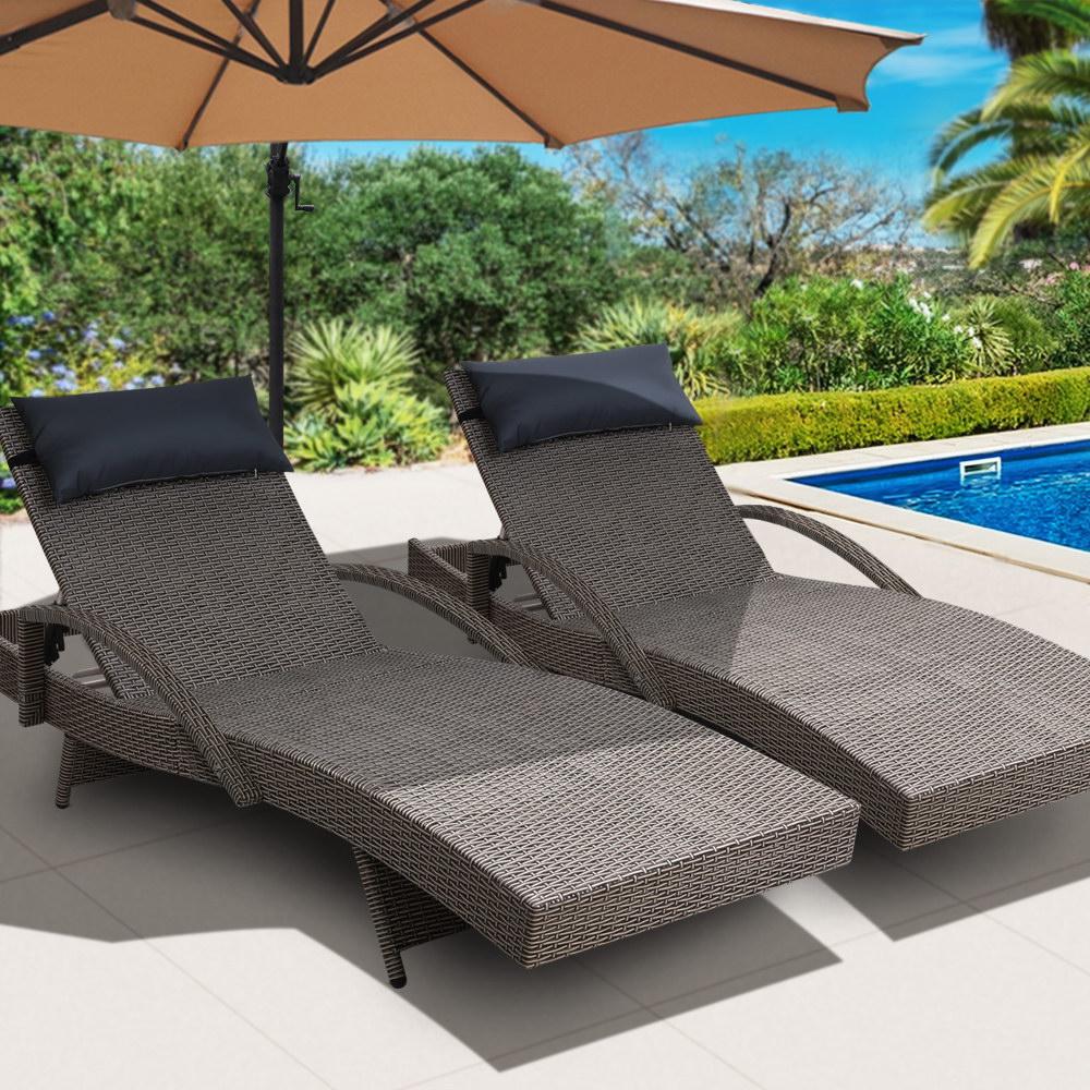 Set of 2 Sun Lounge Outdoor Furniture Wicker Lounger Rattan Day Bed Garden Patio Grey - Rivercity House & Home Co. (ABN 18 642 972 209) - Affordable Modern Furniture Australia